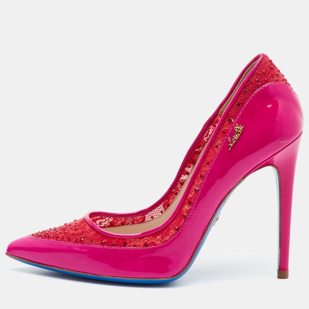 Loriblu Size 37 Bright Pink Lace And Patent Leather Pointed Toe Pumps